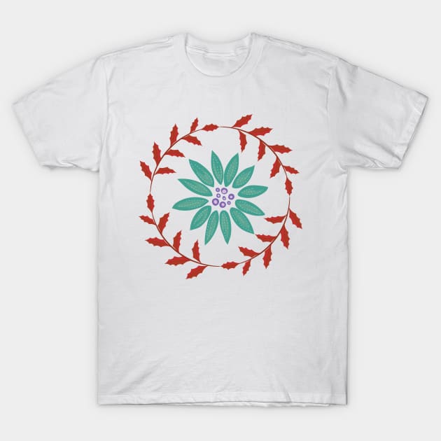 Folk Art Poinsettia Wreath T-Shirt by SWON Design